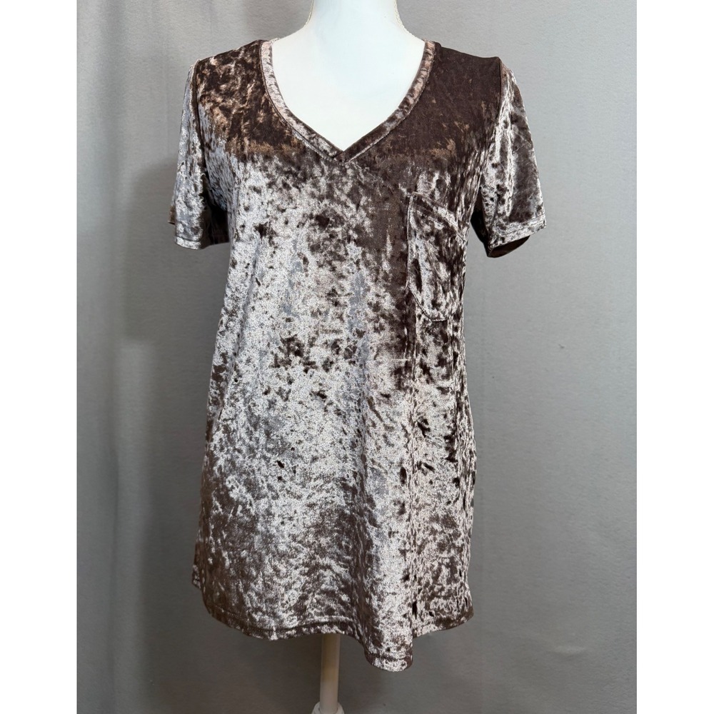 POL Brown Crushed Velvet Top Y2K Boho Goth V Neck Pocket Small